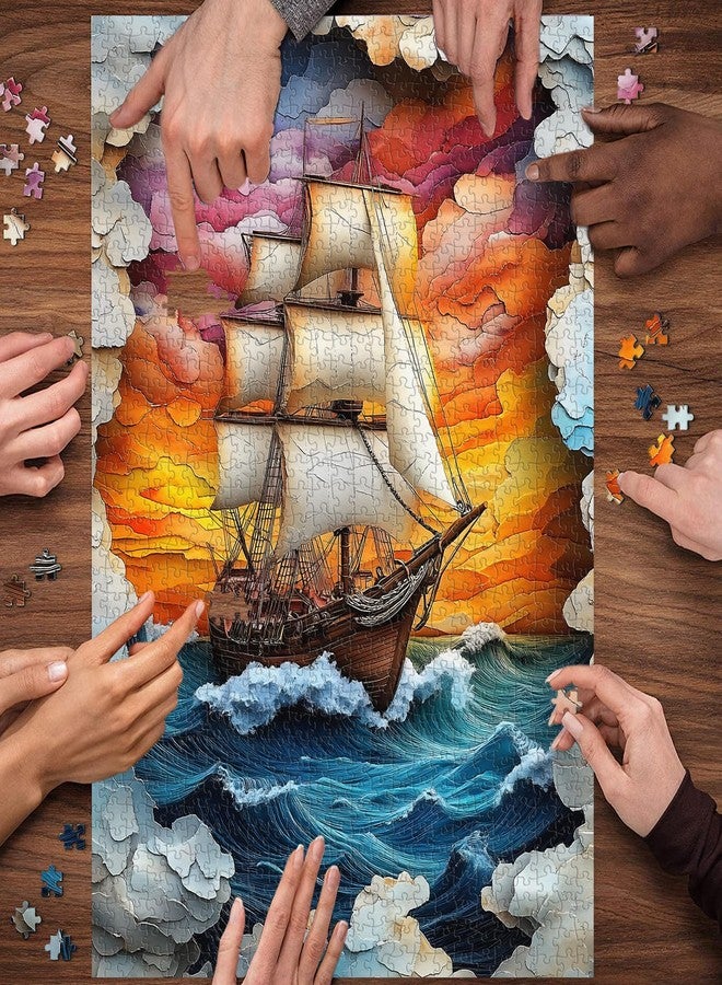 PICKFORU Sailboat 1000 Piece Puzzle for Adults, Colorful Sunset Sea Jigsaw Puzzles Boat, Gradient Ocean Stone Carving Theme Puzzle - Image 5